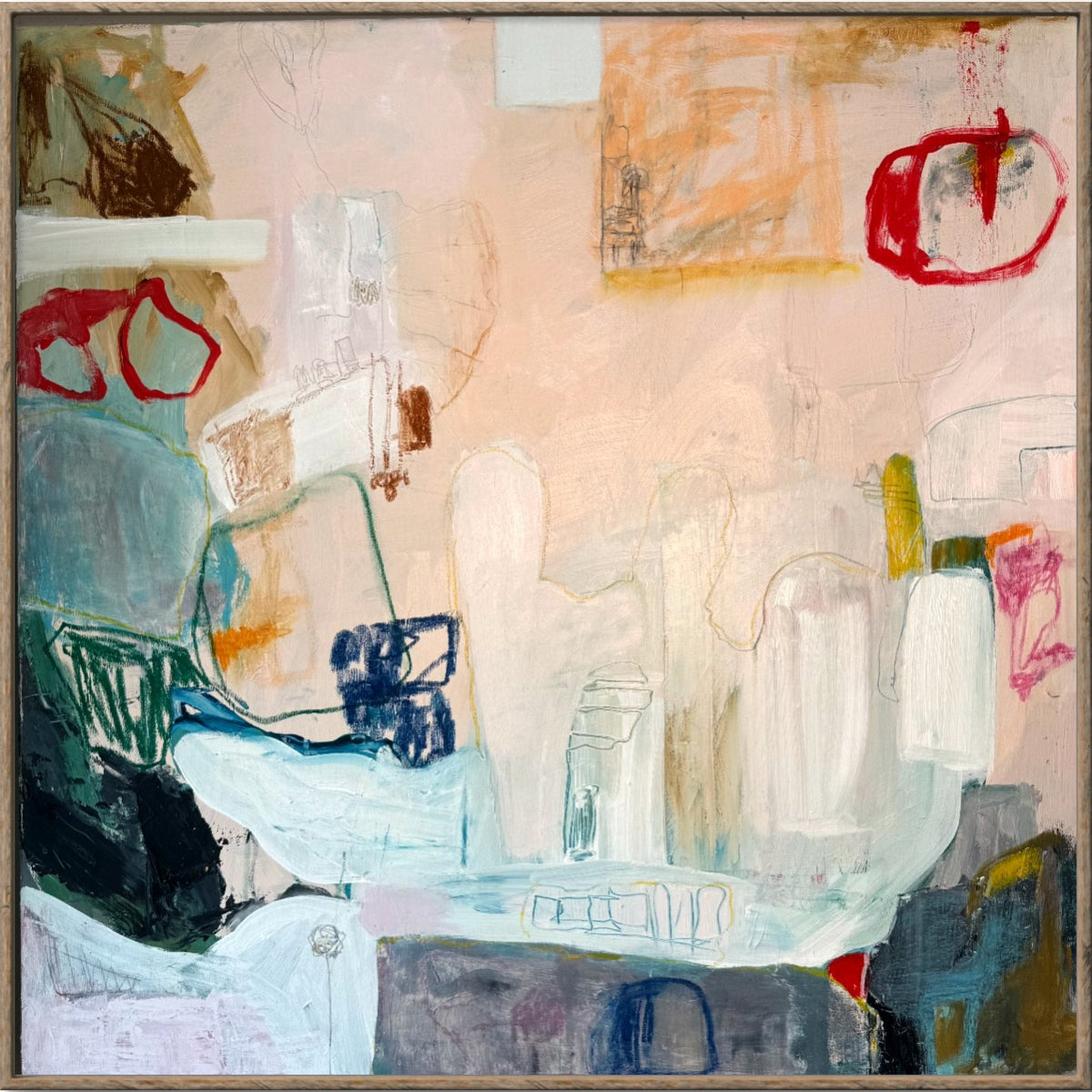 Abstract art piece with a mix of colors and shapes on a textured surface.